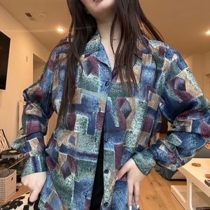 VINTAGE Muted Blue Geometric Print 100% Silk Button Up Shirt